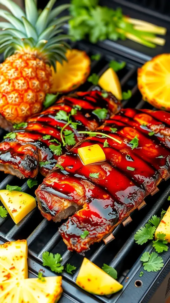 Delicious Teriyaki Pineapple Ribs garnished with pineapple and green onions.
