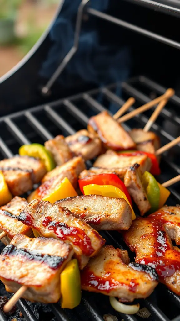Grilled pork chop skewers on a grill with colorful bell peppers.