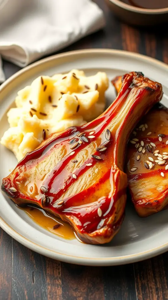 Teriyaki pork chops served with mashed potatoes