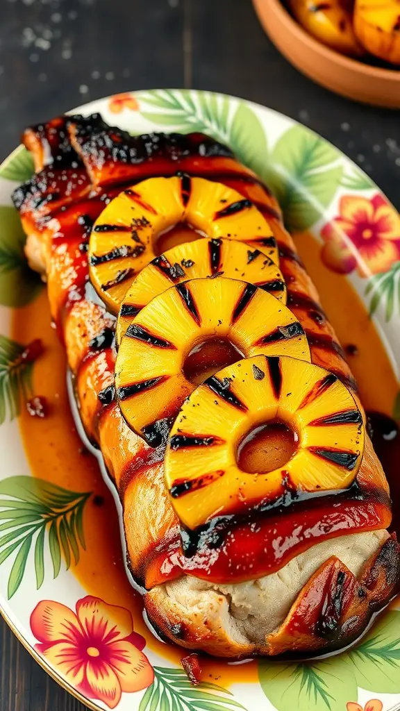 A beautifully glazed teriyaki pork loin topped with grilled pineapple slices, resting on a tropical-themed plate.