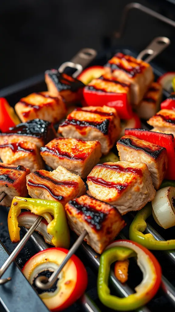 Grilled pork tenderloin skewers with colorful vegetables