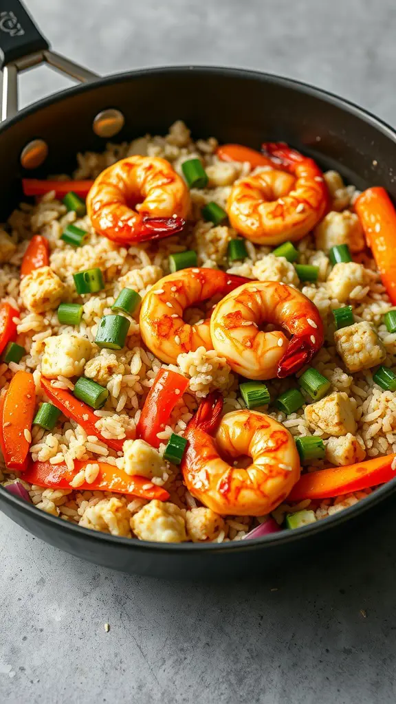 A vibrant Teriyaki Shrimp and Rice Skillet with shrimp, rice, and colorful vegetables