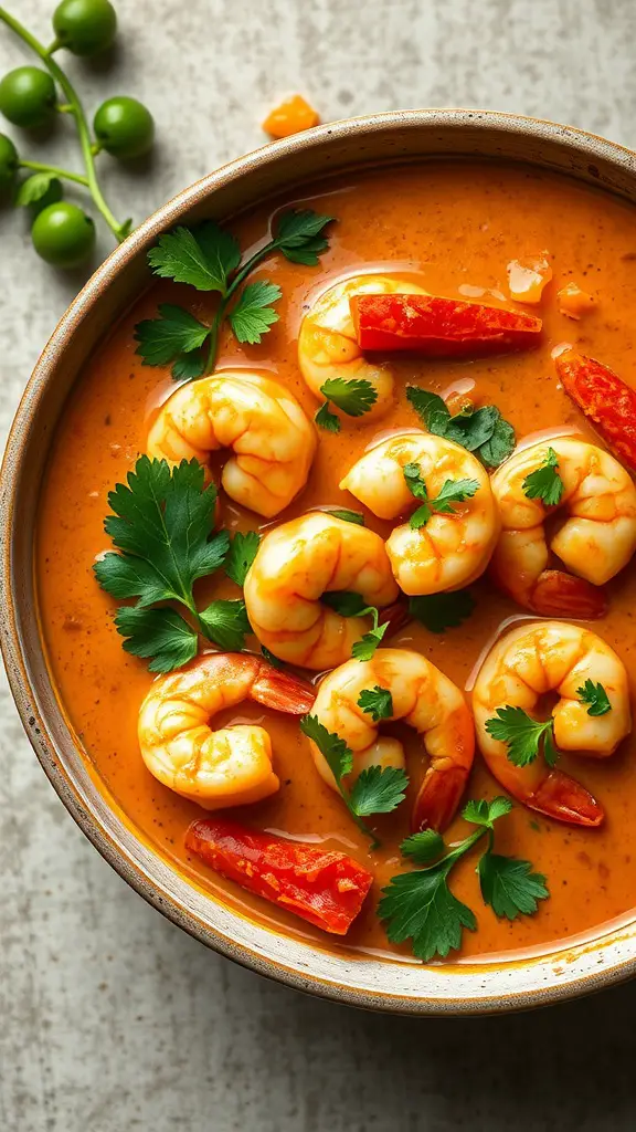 A bowl of Thai coconut curry shrimp garnished with fresh herbs.
