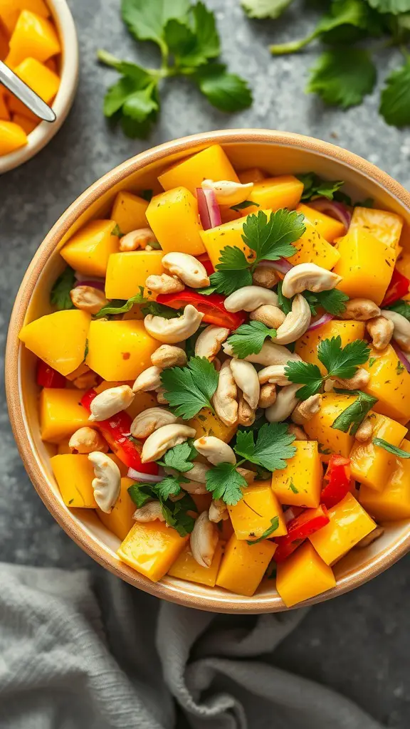 A colorful bowl of Thai mango salad with chopped mango, bell pepper, onion, cilantro, and peanuts.