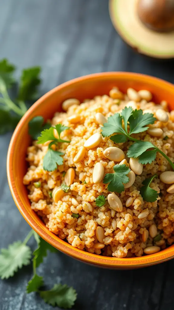 A colorful bowl of Thai Peanut Quinoa Salad with fresh vegetables and peanuts.