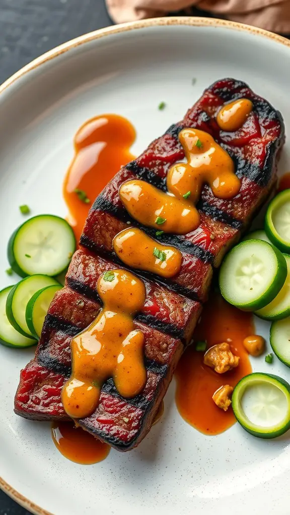 Grilled skirt steak with peanut sauce and cucumbers