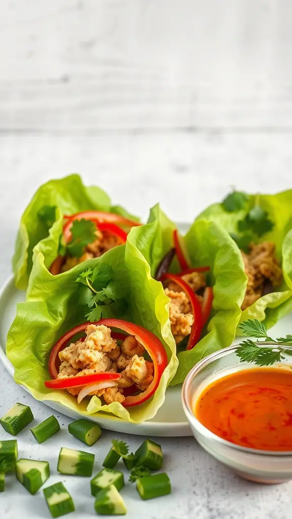 Thai turkey lettuce wraps with vegetables and sauce