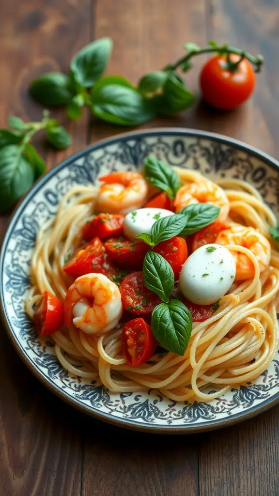 A bowl of shrimp orzo pasta with tomatoes and basil garnished with cheese.