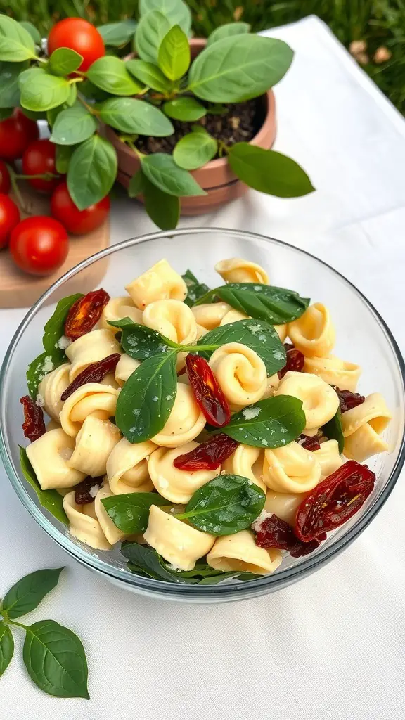 A colorful tortellini salad with spinach and sun-dried tomatoes in a glass bowl, garnished with fresh basil.