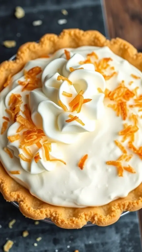 A delicious Tropical Coconut Cream Pie topped with whipped cream and toasted coconut.