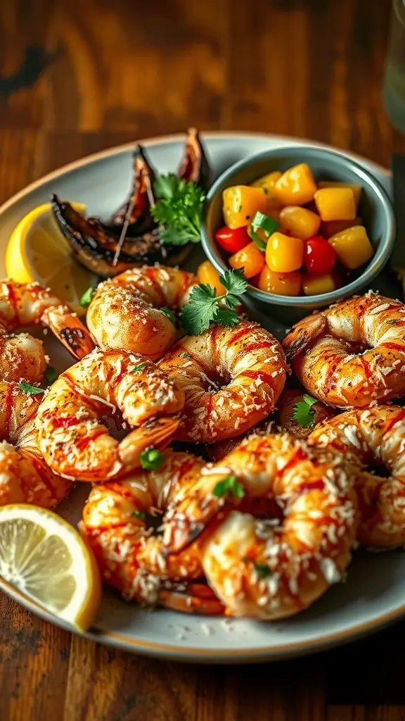 Grilled shrimp garnished with coconut and herbs on a plate