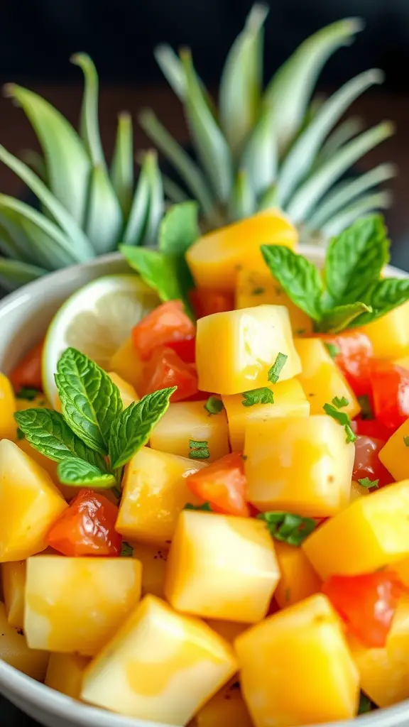 A vibrant tropical fruit salad with mangoes, pineapple, and bell peppers in a glass bowl.