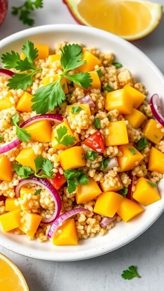 A delicious Tropical Mango Quinoa Salad served in a coconut bowl garnished with cilantro.