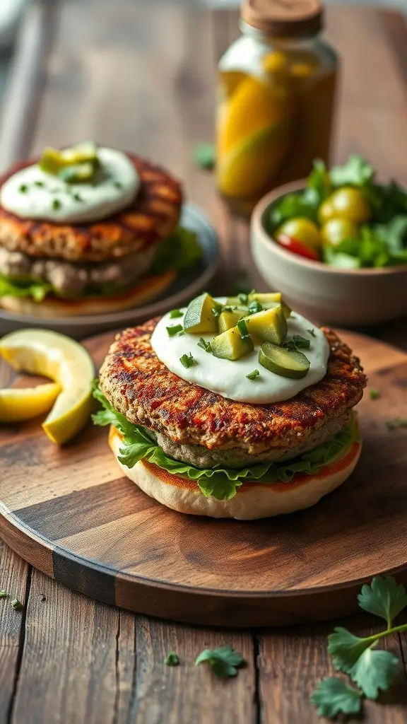 Trout burgers with avocado cream served on a wooden board