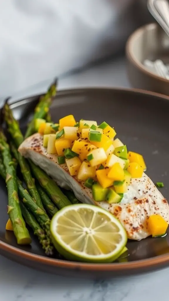 Trout fillet topped with mango avocado salsa and served with asparagus