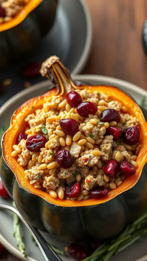 Turkey-stuffed acorn squash with cranberries and pine nuts, served on a plate.