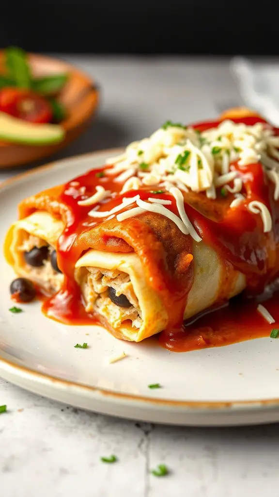 Delicious turkey and black bean enchiladas topped with cheese and sauce