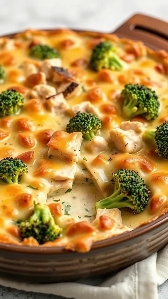 A comforting turkey and broccoli casserole in a baking dish