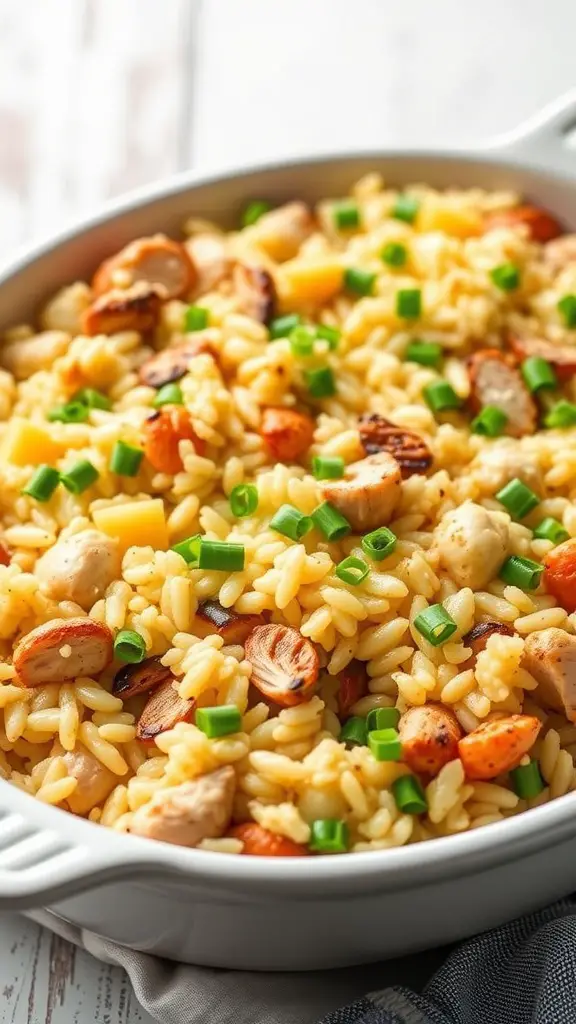 Ground turkey and cauliflower rice casserole in a baking dish.
