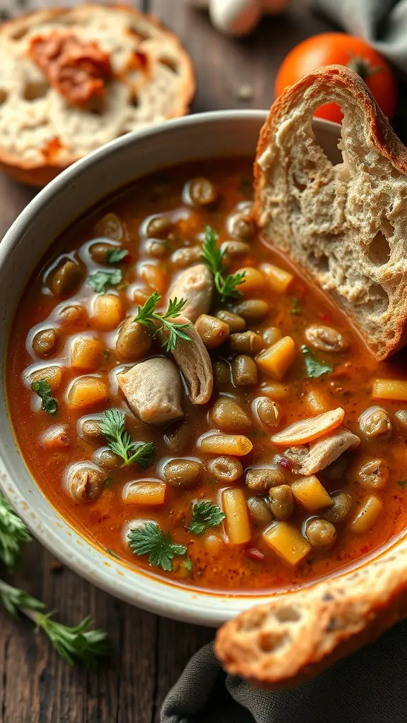 A warm bowl of turkey and lentil soup garnished with parsley and served with bread