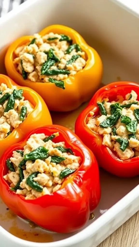 Stuffed bell peppers with ground turkey and spinach filling.