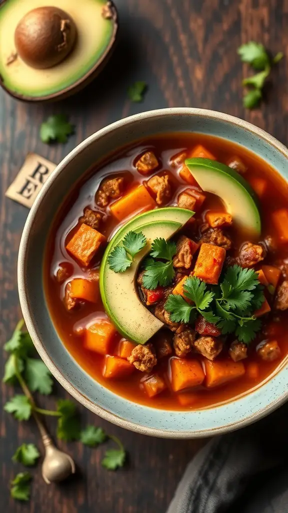 A bowl of hearty turkey and sweet potato chili garnished with cilantro.