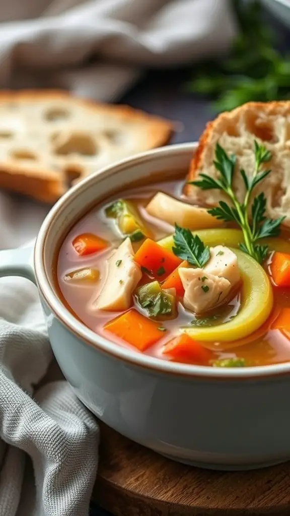 A bowl of turkey and vegetable soup with fresh herbs and a slice of bread on the side.