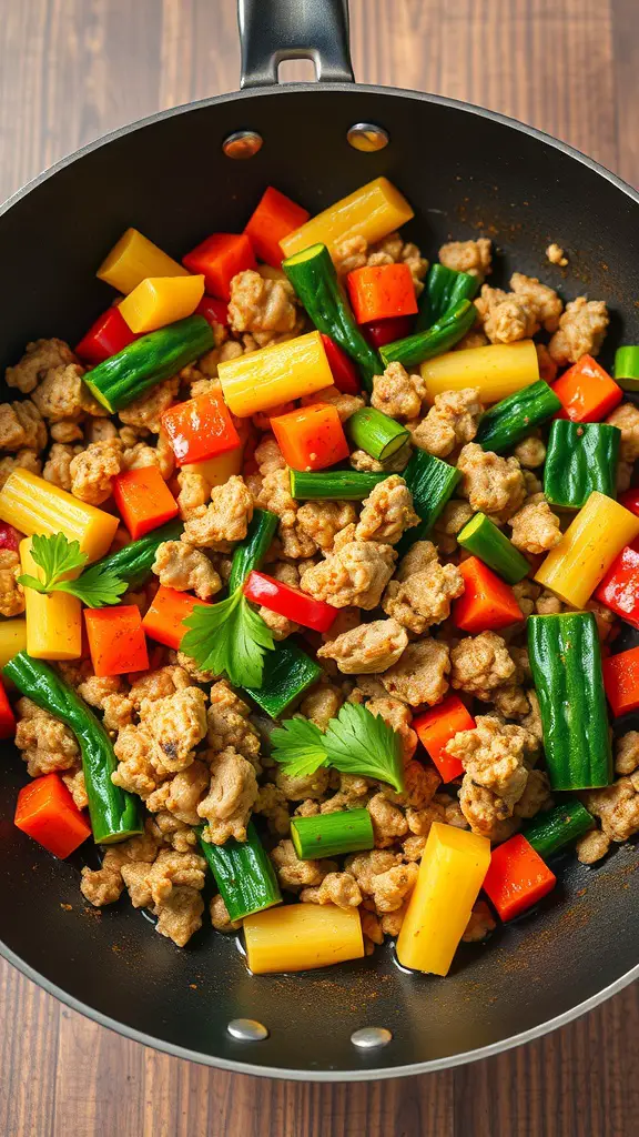 A colorful stir-fry featuring ground turkey and various vegetables.