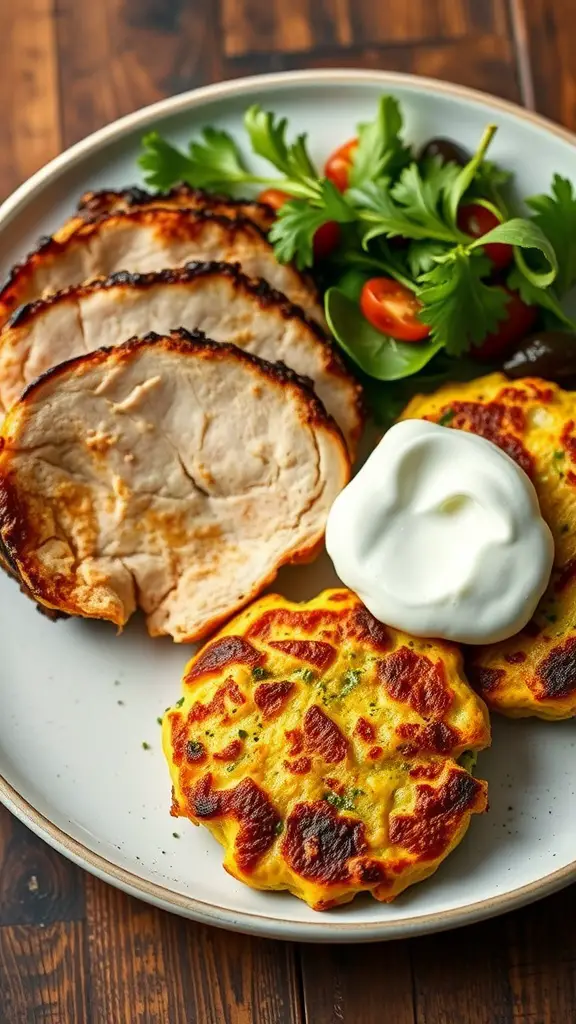 Turkey and zucchini fritters served with a dollop of yogurt.