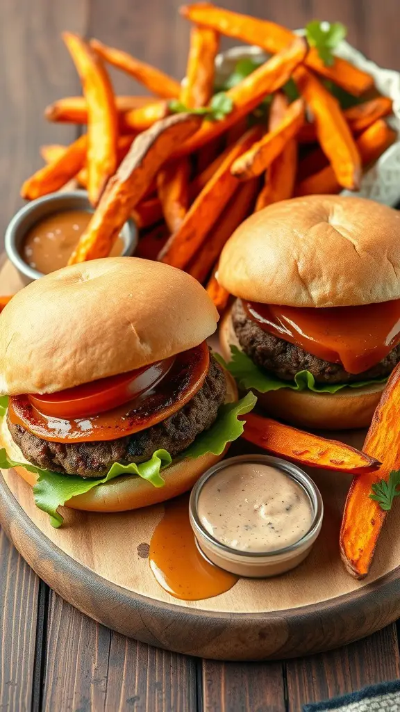 Turkey burgers on buns with lettuce and tomato, served with sweet potato fries.