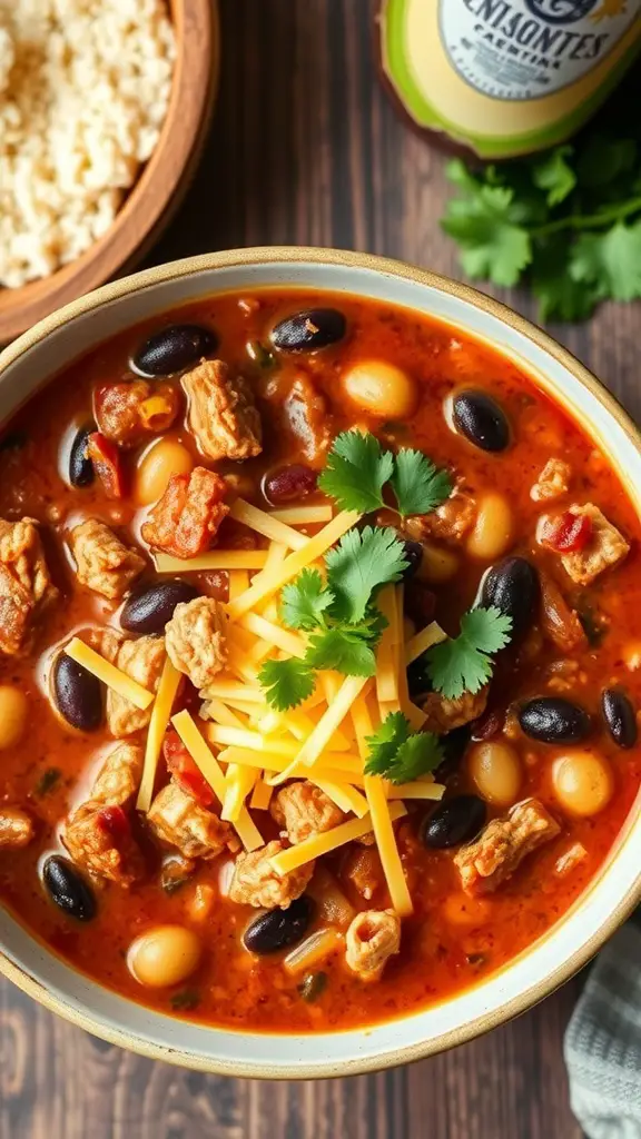 A bowl of turkey chili with black beans topped with cheese and cilantro.