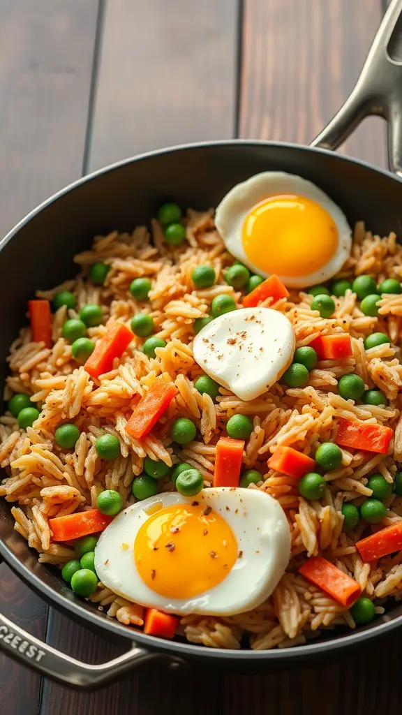 A delicious serving of turkey fried rice with peas, carrots, and fried eggs.
