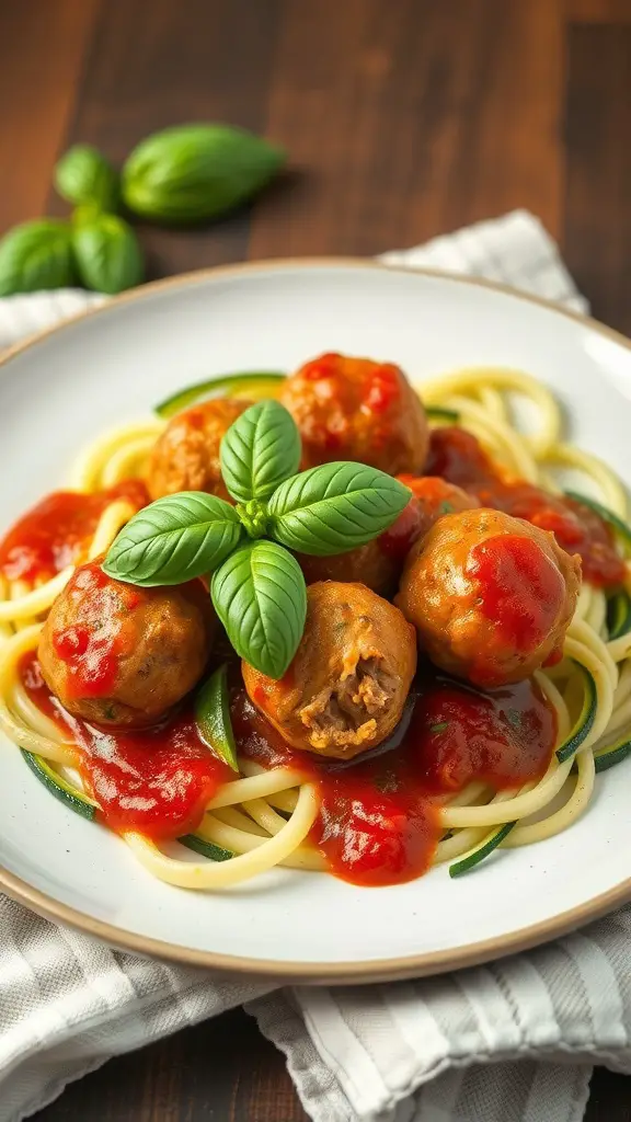 A plate of turkey meatballs served over zucchini noodles with marinara sauce and fresh basil.