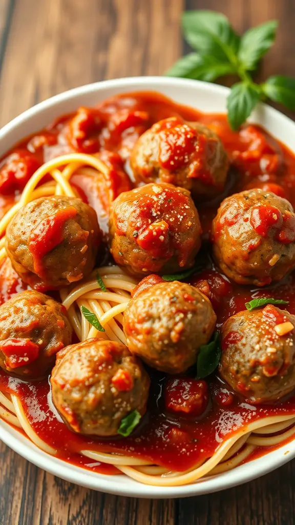 A bowl of turkey meatballs in marinara sauce served over spaghetti.