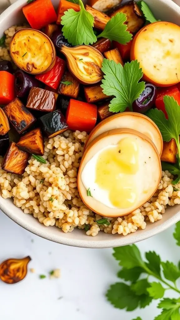 A delicious turkey quinoa bowl topped with roasted vegetables and parsley.