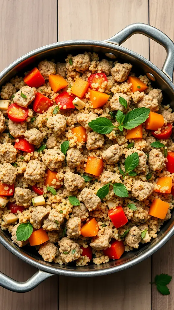A skillet filled with ground turkey, quinoa, and colorful diced vegetables.
