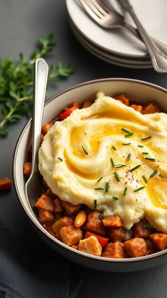 A delicious bowl of Turkey Shepherd's Pie with creamy cauliflower mash.