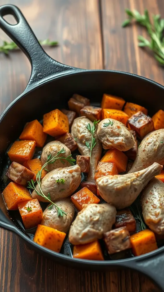 A skillet with cooked ground turkey and diced sweet potatoes, garnished with herbs.