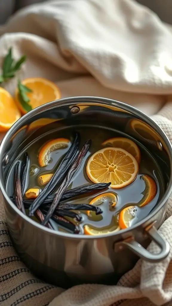 A pot with citrus slices and vanilla beans simmering on a warm stove.