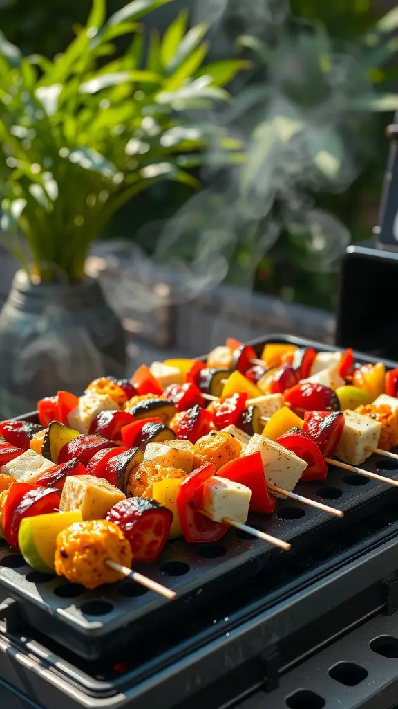 Colorful vegetable and halloumi skewers on a grill