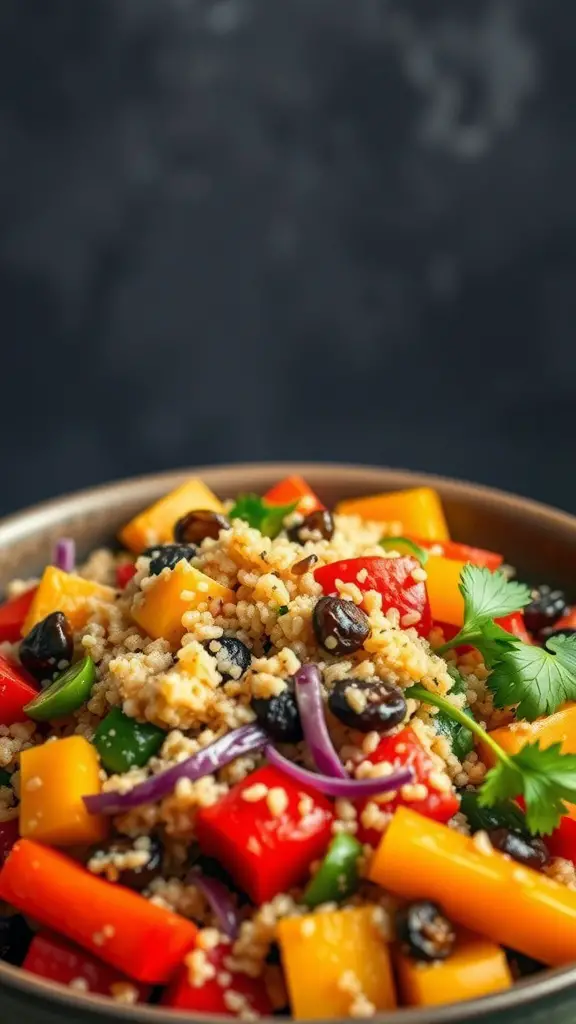 A colorful vegetable stir-fry with quinoa, showcasing a mix of diced bell peppers, zucchini, broccoli, carrots, and red onion.