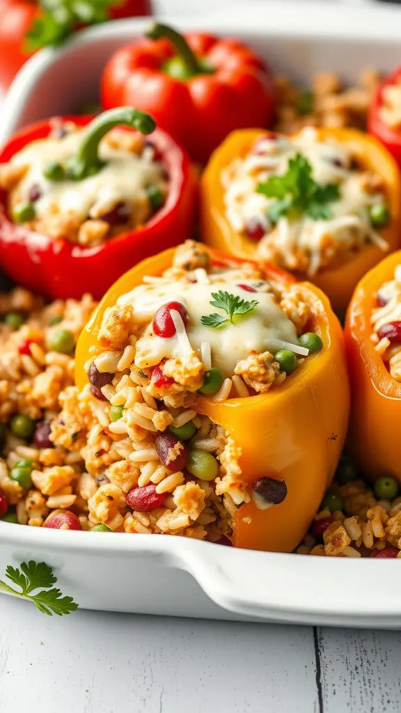 Vegetarian stuffed bell pepper casserole with colorful peppers and rice filling.