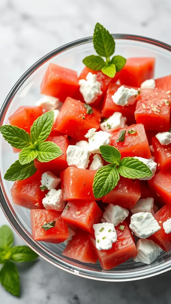 A vibrant bowl of watermelon cubes mixed with feta cheese and mint leaves, showcasing a refreshing summer salad.