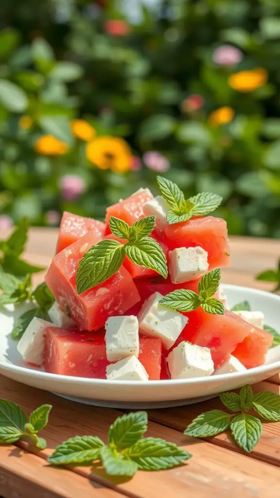 A refreshing watermelon feta salad with mint leaves garnished on top.