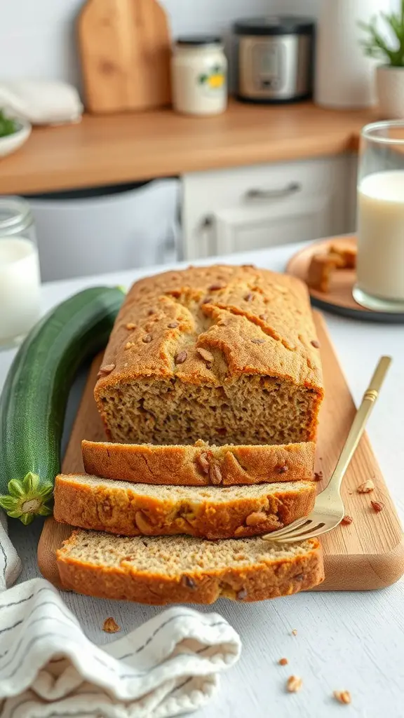 A loaf of whole wheat zucchini bread on a wooden cutting board with a slice cut out.