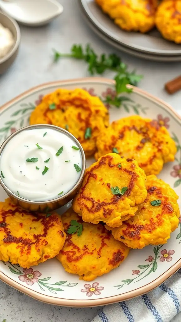 A plate of yellow squash fritters served with tzatziki sauce and garnished with parsley.