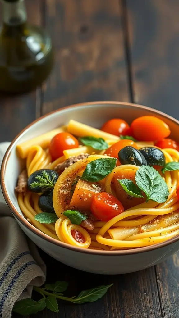 A bowl of pasta primavera featuring yellow squash, cherry tomatoes, and fresh basil.