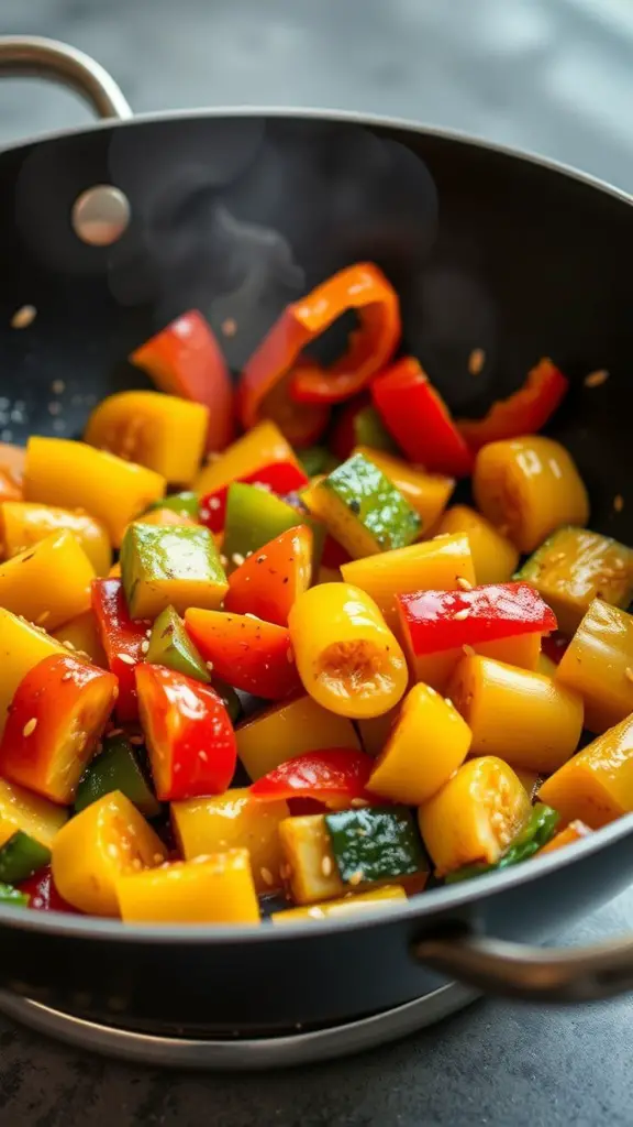 Stir-fried yellow squash and bell peppers in a skillet
