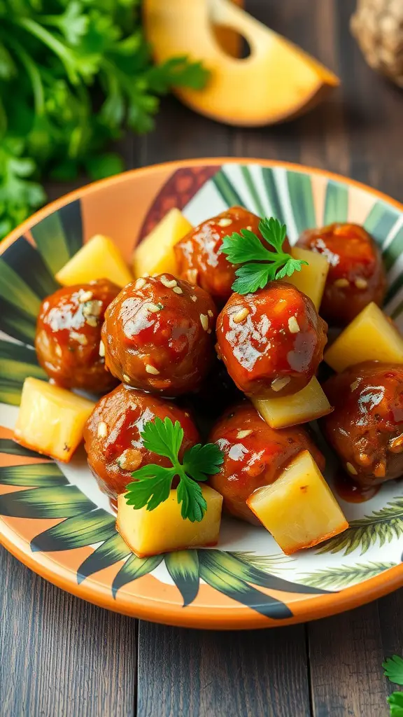 Zesty BBQ meatballs served with pineapple on a decorative plate.