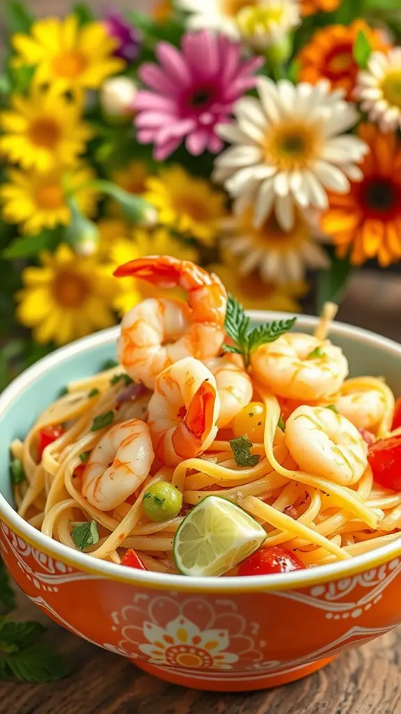 A vibrant bowl of Zesty Citrus Pasta Salad with Shrimp, featuring colorful vegetables and garnished with herbs.